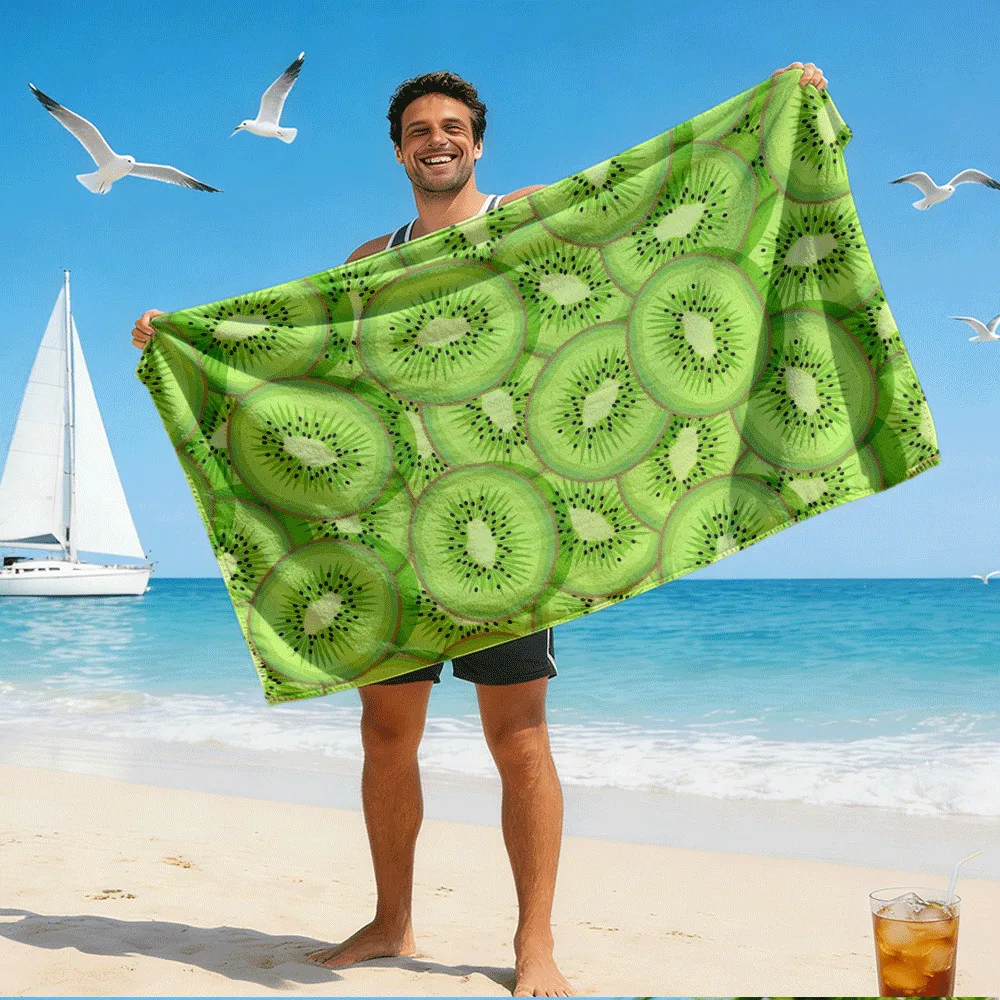 High-Definition Digital Print of Vibrant Green Kiwi Slices on Beach Towels And Bath Towels Stylish Design for Pools And Swimming
