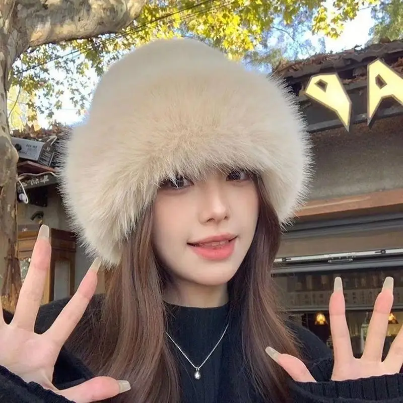 Warm Women's Winter Hat Fluffy Fur Bucket Hat For Women Plush Fisherman Hat Thicken Cold Snowy Day Mongolian Hat