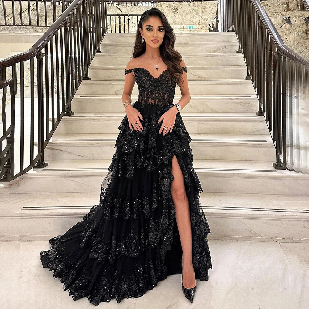 Serene Hill 2024 Arabic Black High Strap A-Line Lace Prom Dress for Women Wedding Party LA72586