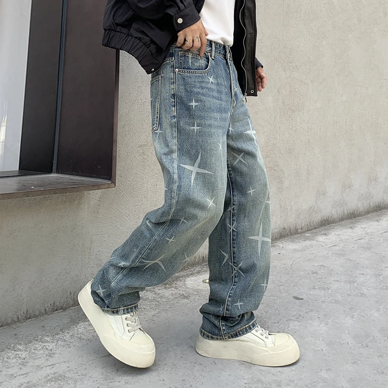 Autumn Men's Multi Pocket Cargo Denim Pants Loose Straight Leg Jeans Trousers High Street Workwear Denim Pants Y2K Streetwear