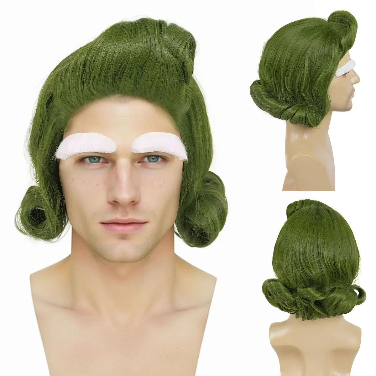 Peluca verde rizada corta de pelo sintético para hombre con traje de arco blanco, pelucas de Cosplay divertidas para fiesta de Halloween, disfraz de Wonka Oompa Loompa