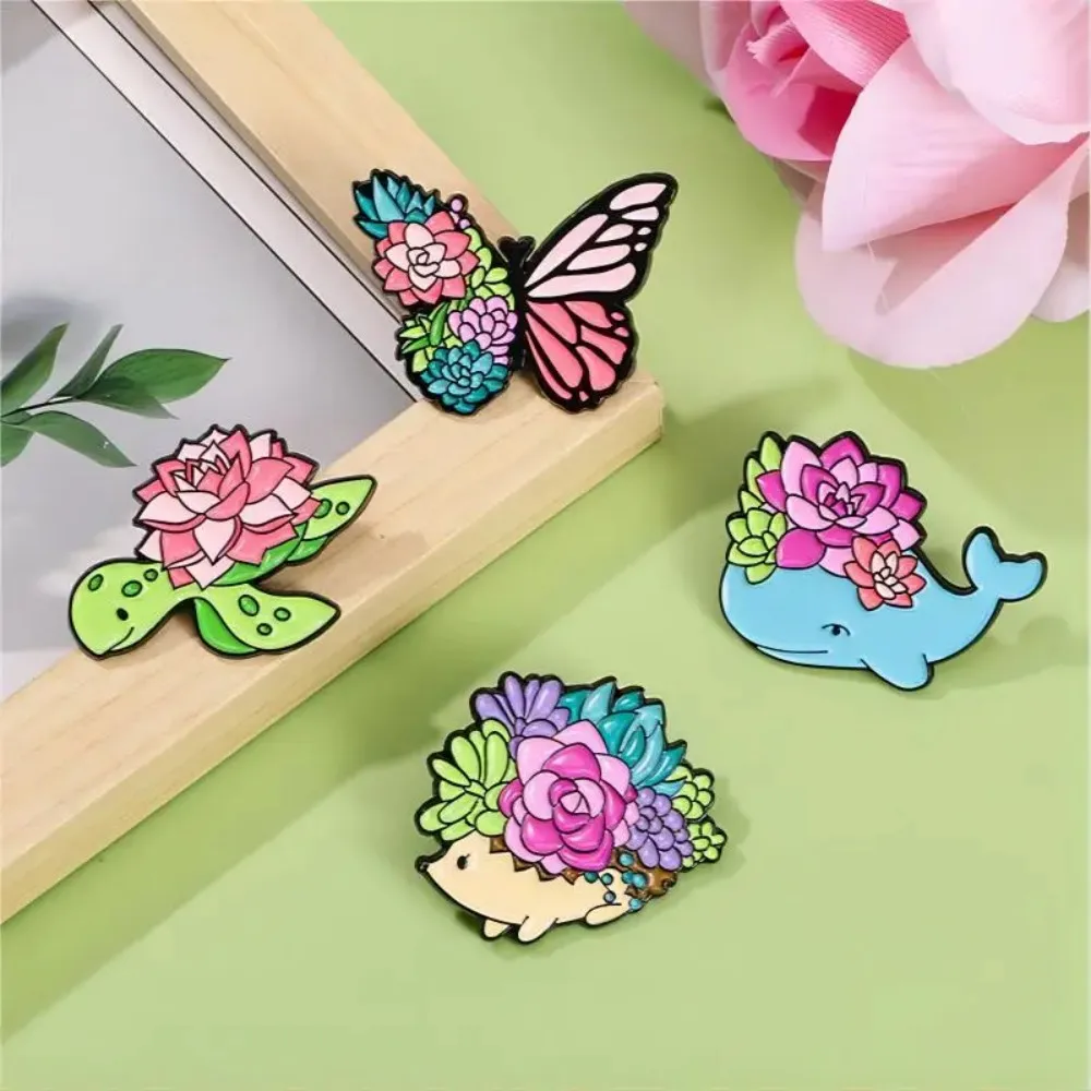 Cute Succulent Plant Enamel Brooch Cartoon Colorful Animal Butterfly Turtle Hedgehog Whale Lapel Pins Clothes Backpack Jewelry