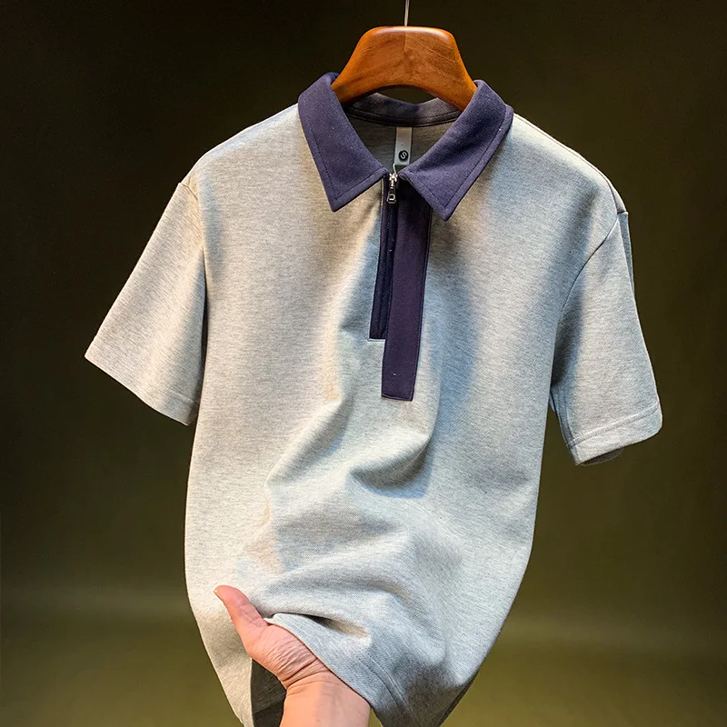 

Color blocked lapel short sleeved polo shirt for men, loose and trendy 2025 summer new style shirt, half zip T-shirt