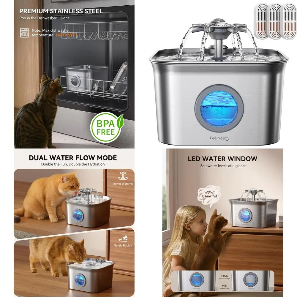 

Stainless Steel Cat Water Fountain for Drinking with 3 Filters, 2.8L Auto Pet Drinking Fountain for Cats with 20dB Ultra-Quiet P