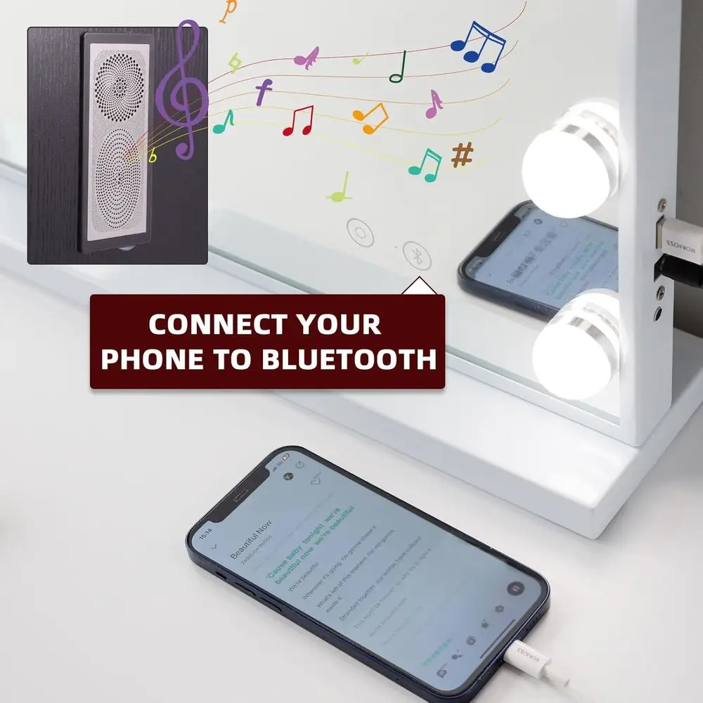 مرآة هوليوود المضيئة مع شحن USB، 3 أوضاع إضاءة ومكبر صوت للمكياج في غرفة النوم أو غرفة الملابس