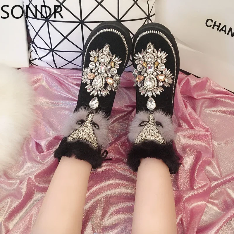 Womens Ankle Boots Rhinestones Crystal Fur Fox Decor Diamond Bling Genuine Leather Flat Warm Snow Thick Winter Black Shoes C881