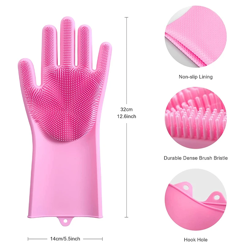 1Pair Dishwashing Cleaning Gloves Magic Silicone Rubber Dish Washing Gloves for Household Sponge Scrubber Kitchen Cleaning Tools