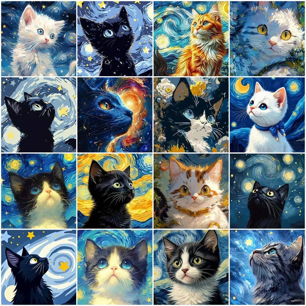 

Starry Sky Kitten Variety Jigsaw Puzzle, Black White Orange Cat Illustrations Bedroom Wall Decor High Quality