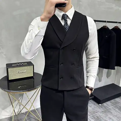 영국 스타일 더블 브레스트 조끼, 세트 슬림한 한국 비즈니스 패션, 브이넥 모크 포켓, 민소매 내부 조인 코트, 우아함