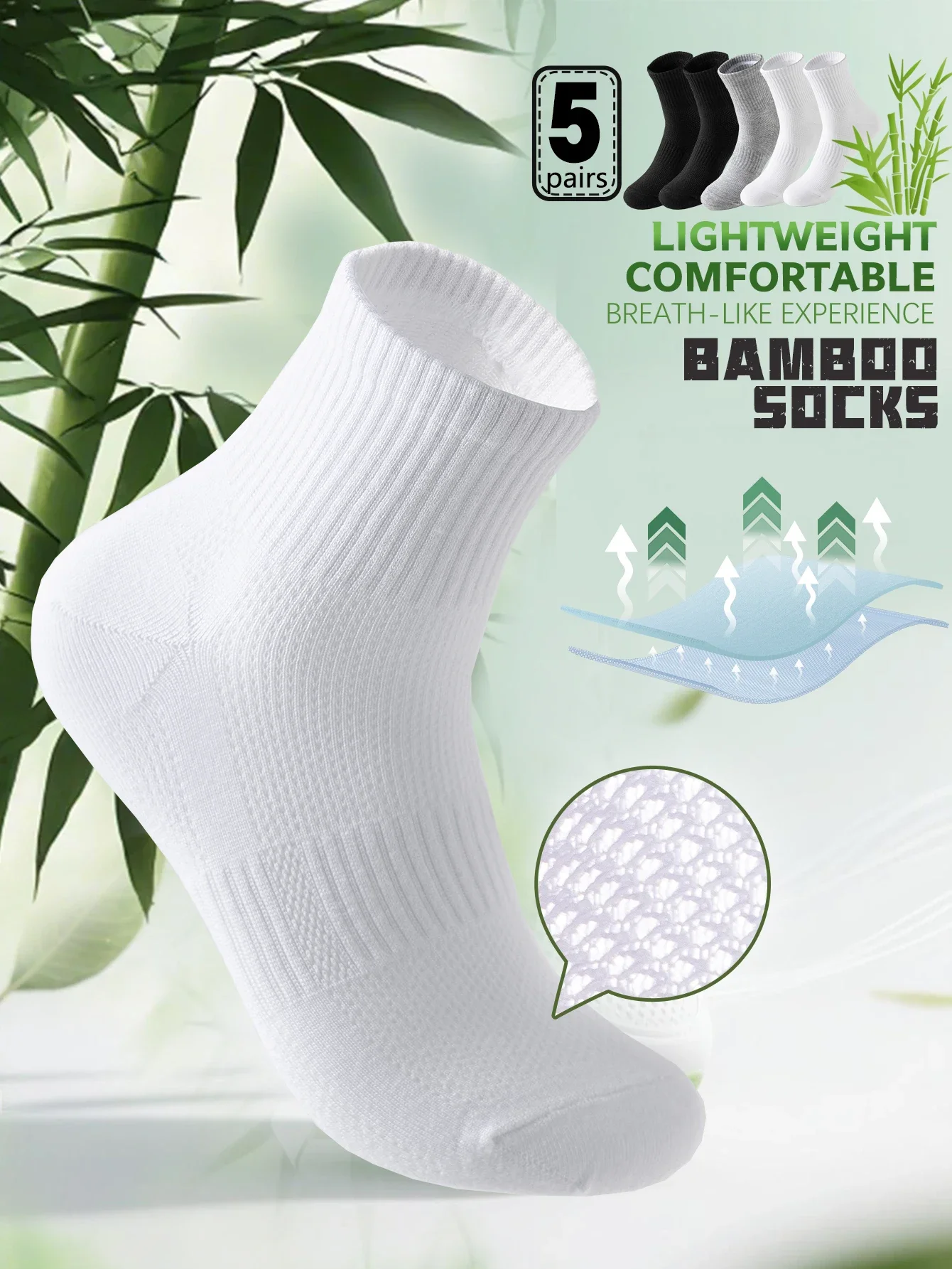 5 Paar Unisex Bambusfaser Kurzsocken Atmungsaktive Netzsocken für den Sommer in Unifarben Große Größe Weiße Kurze Wadensocken Unisex