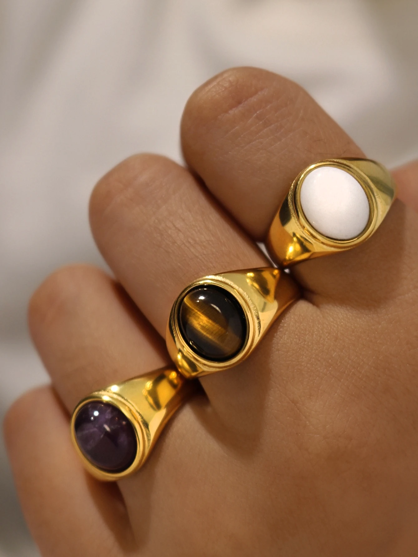 New Waterproof Natural Stone Ring for Women Vintage Gold Color Tiger Stone Rings Adjustable Women Female Chunky Jewelry Gifts