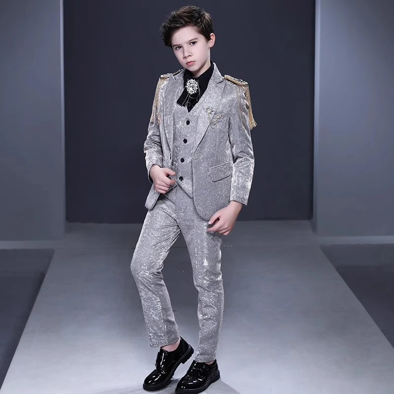 Shiny Silver Boys 3-Piece Suit Set with Tassel Accents for Stage Performance Party Wedding Guest Outfits Stylish 3-16 Years