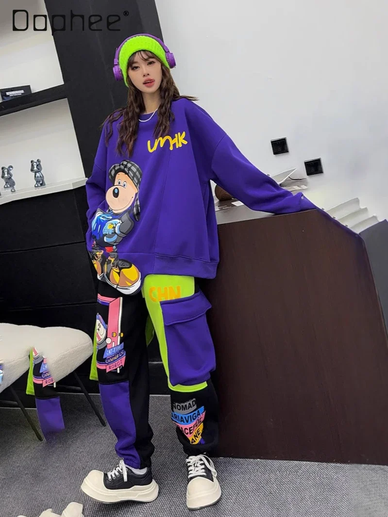 Winter New Fleece Thickened 3D Cartoon Printing Pants Sets Casual Loose Tooling Pants and Top Two Piece Sets Womens Outifits