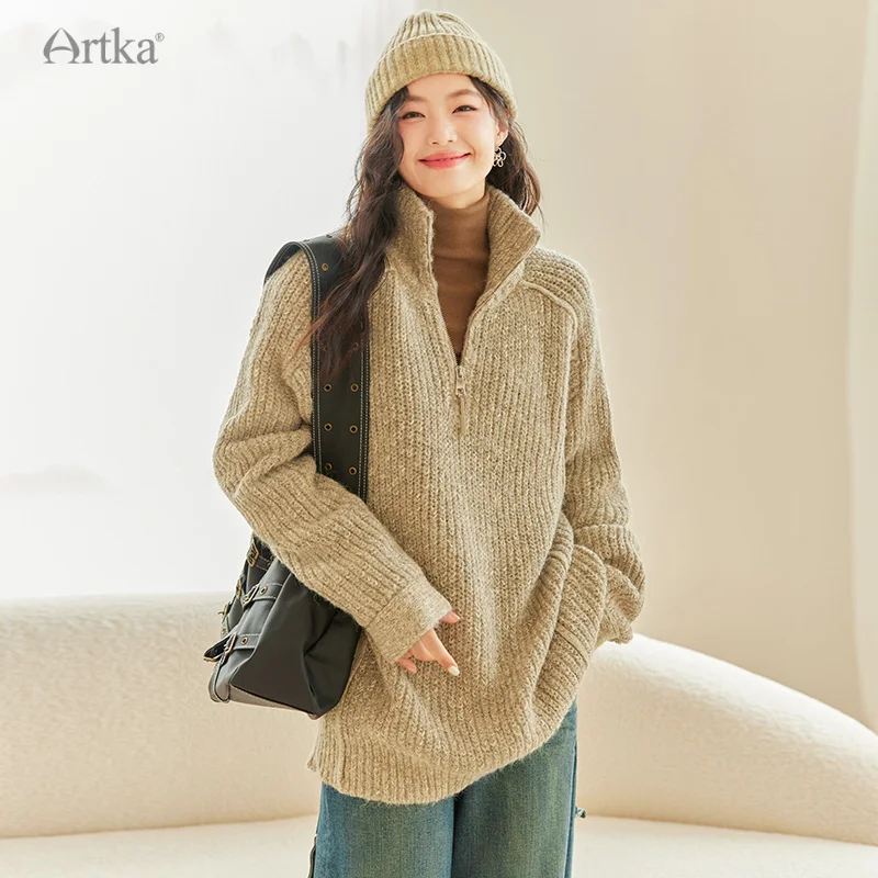 

ARTKA 2023 Winter New Women Sweater Fashion Casual Soft Knitted Sweaters High Collar Loose Thicken Warm Sweaters Coat YB92536Q