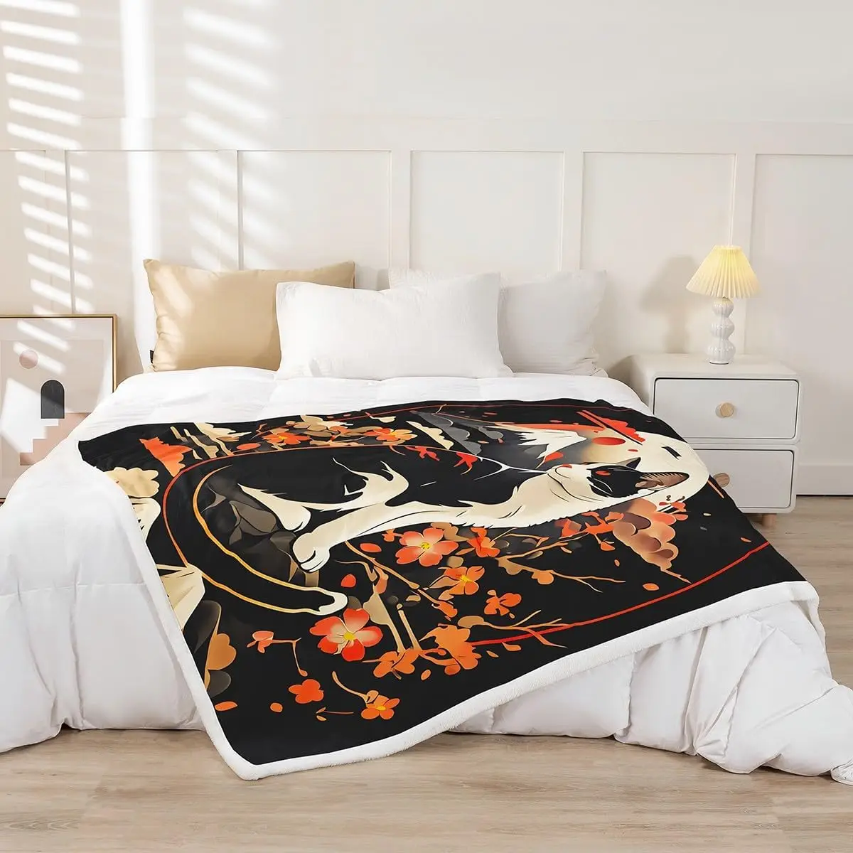 Cat Anime Fleece Throw Blanket Queen Japanese Retro Funny Cat Sherpa Blanket Boys Girls Japanese Style Plush Blanket Japanese