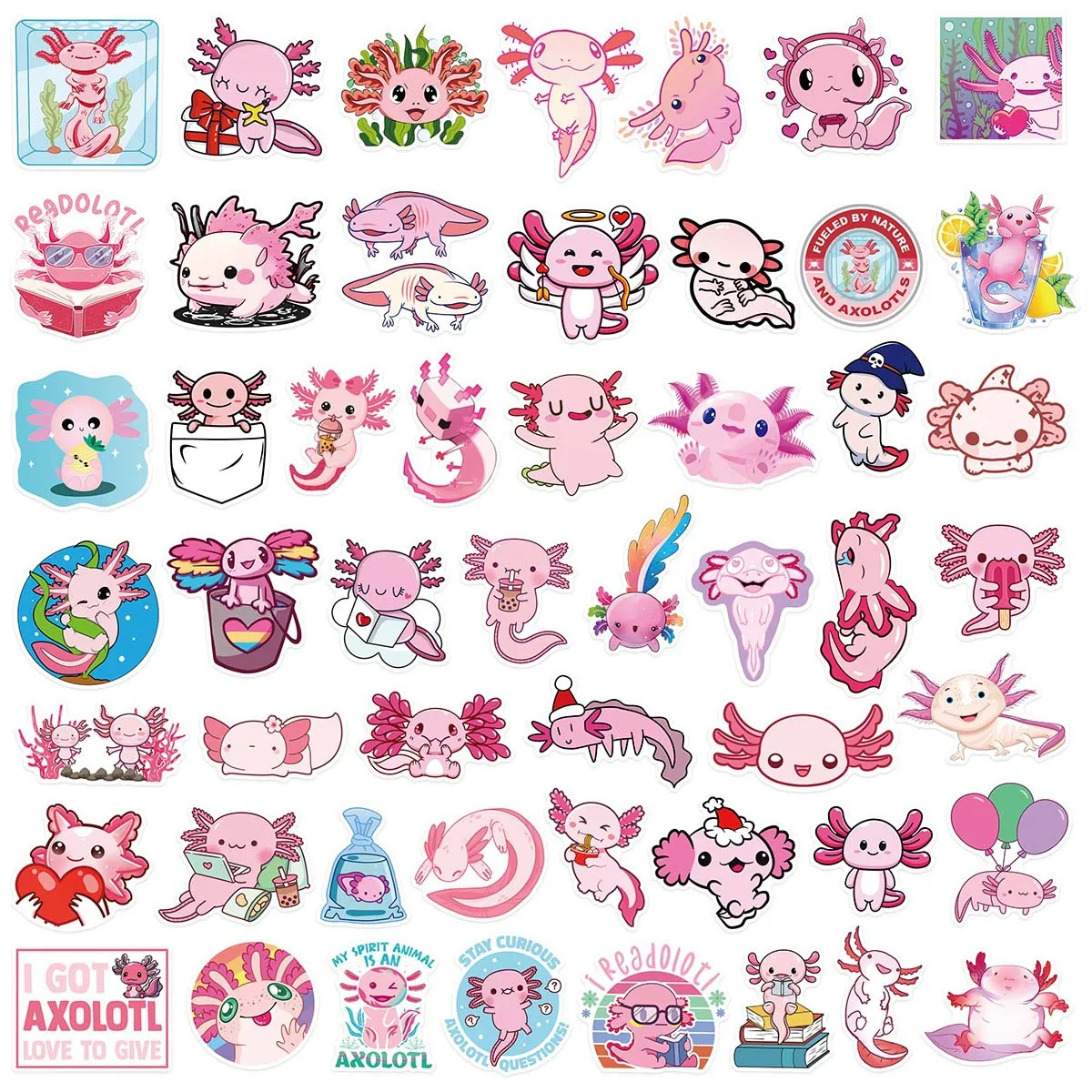 50PCS Cute Cartoon Pink Axolotl Stickers Decals for Kids Toys phone Laptop Notebook Luggage Stationery Diary Stickers Gift