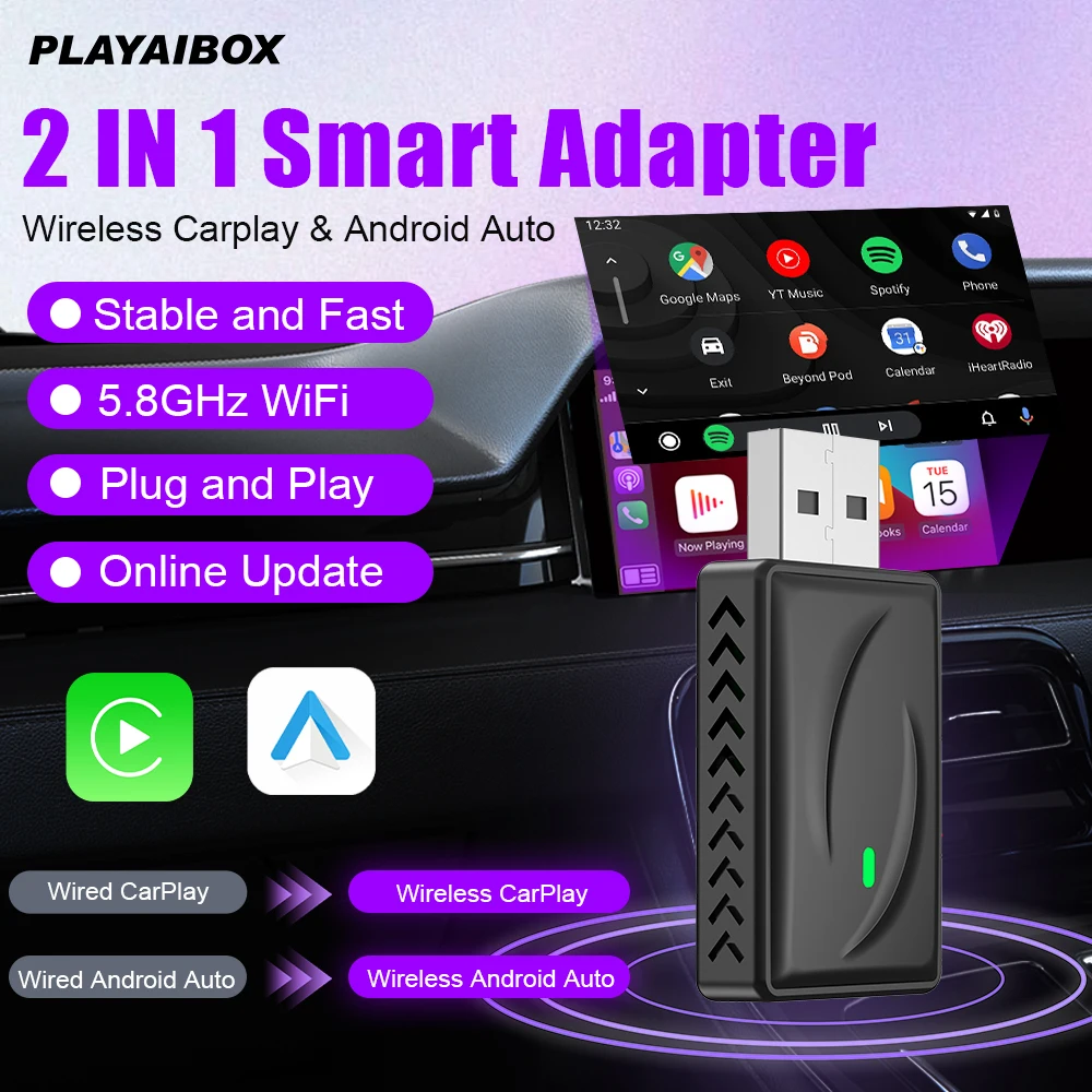 Wireless Android Auto Carplay Adapter Bluetooth Wifi 5G For Peugeot VW Toyota Skoda Volvo Kia Jeep Chery MG Ford Chevrolet Buick