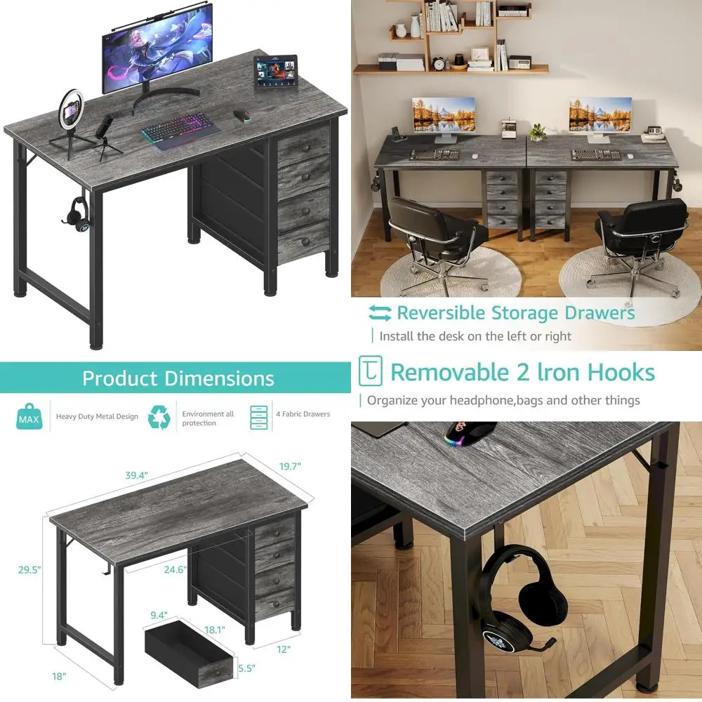 Compact Kids Study Desk with 4 Fabric Drawers, 40 Inch Cute Desk for Girls Teens, Bedroom Computer Writing Table