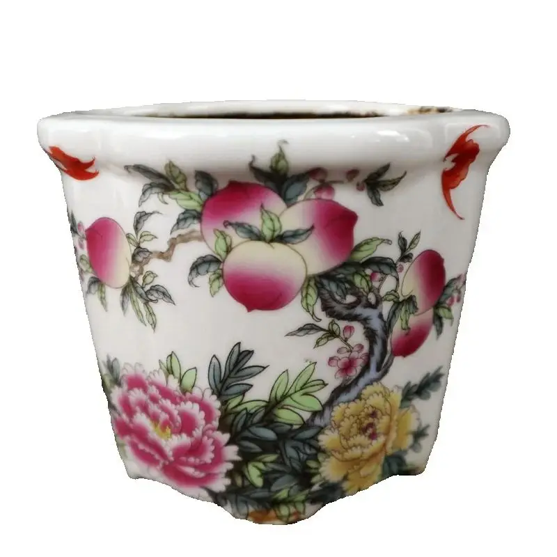 Chinese Old Porcelain  Flower Pot Pink  with rich Longevity Peaches pattern Traditional Oriental Decorative Planter