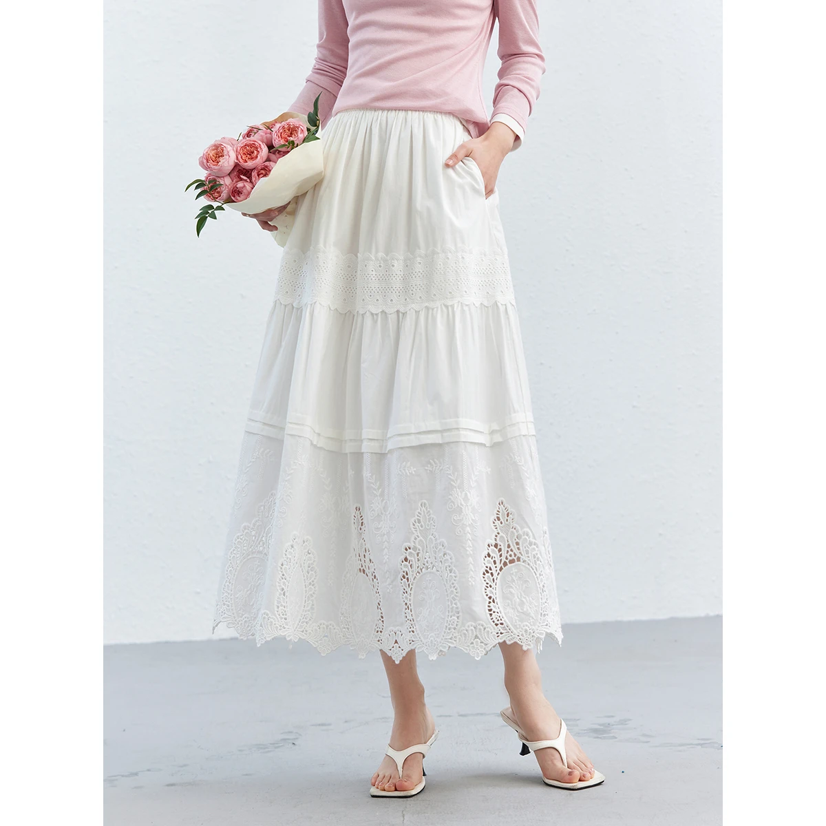 

VIMLY Women's A-Line Midi Skirt 2026 Spring New Elegant Vacation White Lace Trim Tiered Design Sense Casual Umbrella Skirt 30853