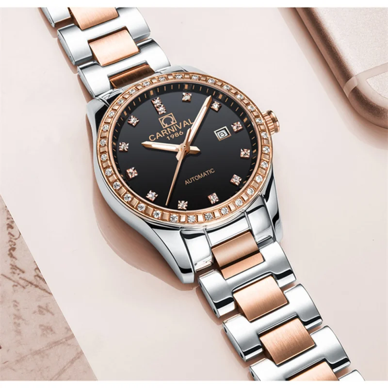 مصنع مستقيم الشعر التلقائي الميكانيكية ساعة نسائية موضة شعبية مقاوم للماء ساعة نسائية بسيطة الفولاذ المقاوم للصدأ المعصم ث