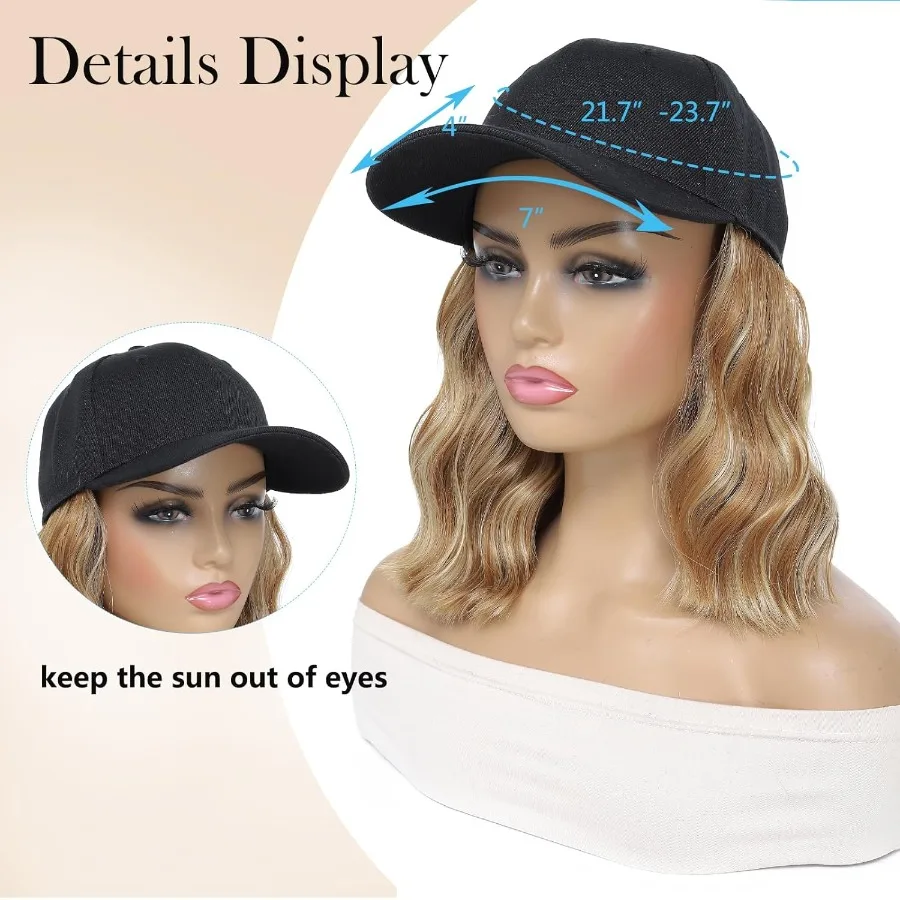 باروكة قبعة بيسبول قابلة للتعديل مع وصلات شعر مموجة طبيعية للنساء، قطعة شعر صناعية مجعدة ومموجة مثالية لـ Ev