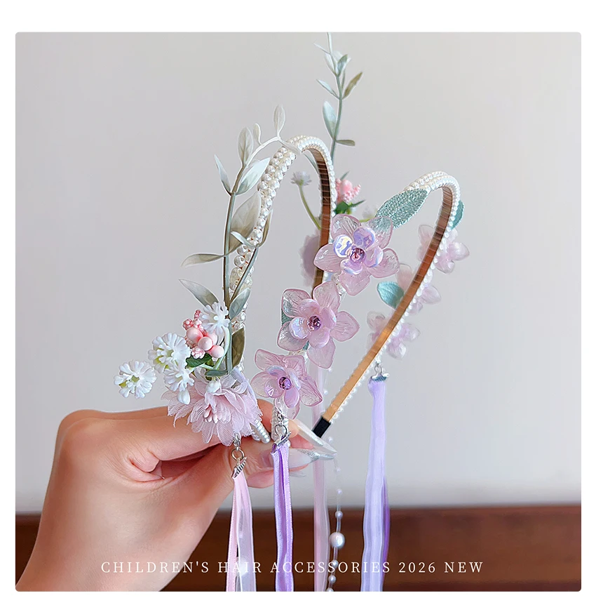 2026 Mädchen Perlenblumen-Haarreif mit abnehmbarem Bandquasten, chinesischer Hanfu-Stil, Haarband mit simulierten Blumen und Schmetterlingen – Detail 6