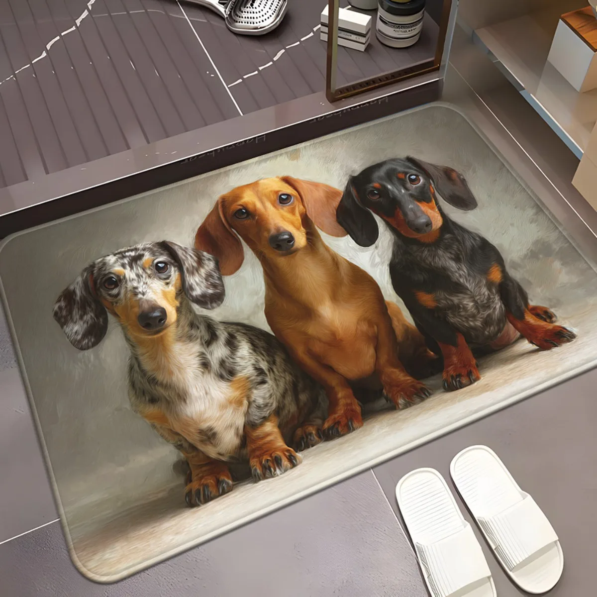 Dachshund Trio Colorful Sitting Doormat  Short Leg Breed Print Non Slip Indoor Entrance Rug For Sausage Dog Lover Decor