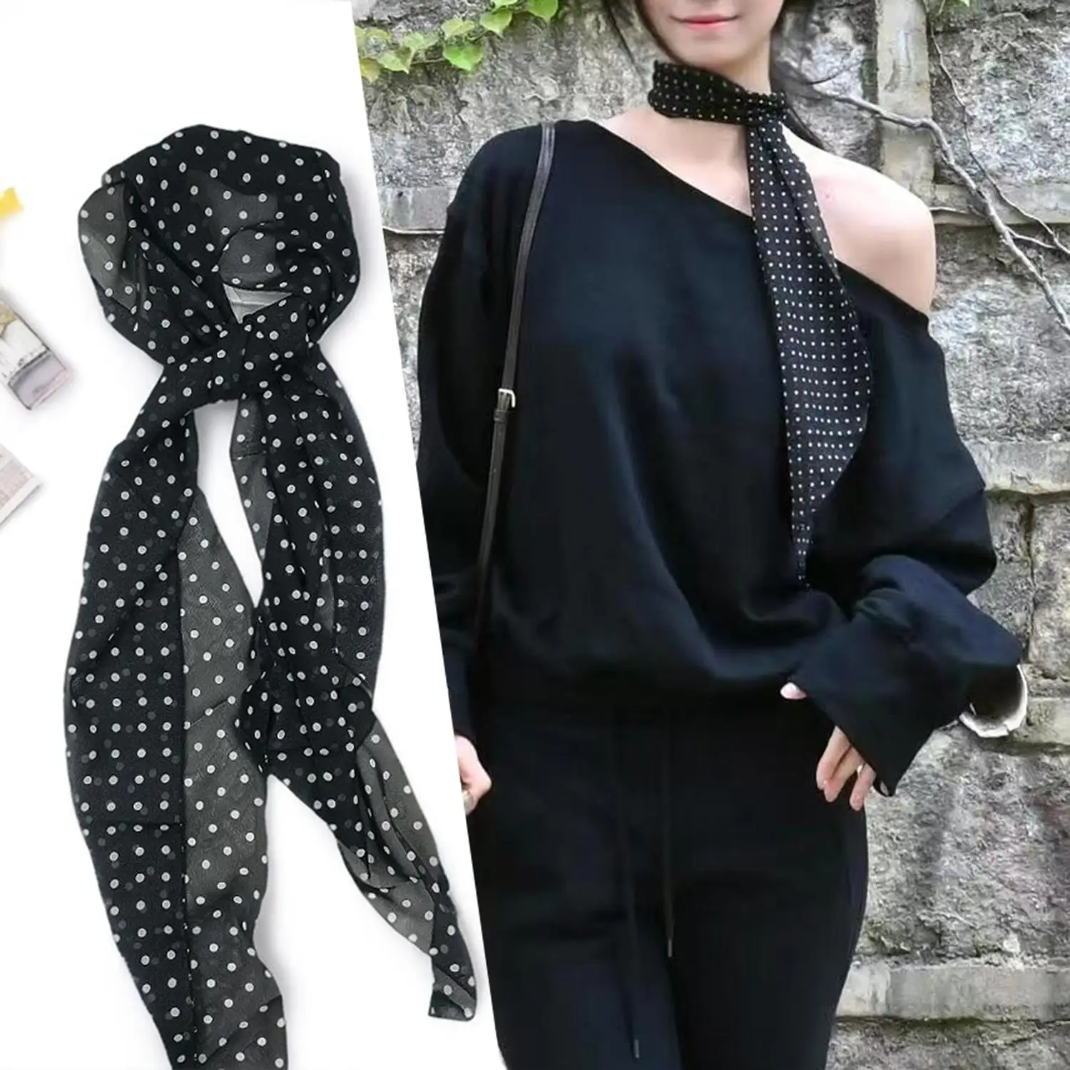 

Коричневый шелковый шарф в горошек в корейском стиле, женский шейный шарф в стиле INS, универсальные аксессуары, новая повязка на голову, длинный шарф для волос