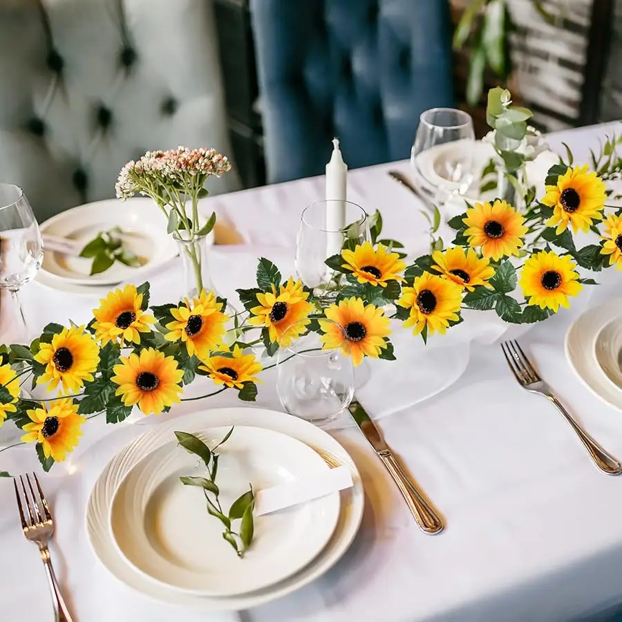 10 عبوات من إكليل عباد الشمس الاصطناعي، 8.2 قدم/قطعة من عباد الشمس الحريري مع أوراق خضراء، كروم زهور لغرفة المنزل والمطبخ والحديقة نحن #6