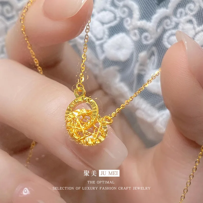 

Luxury 24K 9999 Pure Gold real gold Women's Interwoven Double-Ring Necklace Ring-to-Ring Set Chain