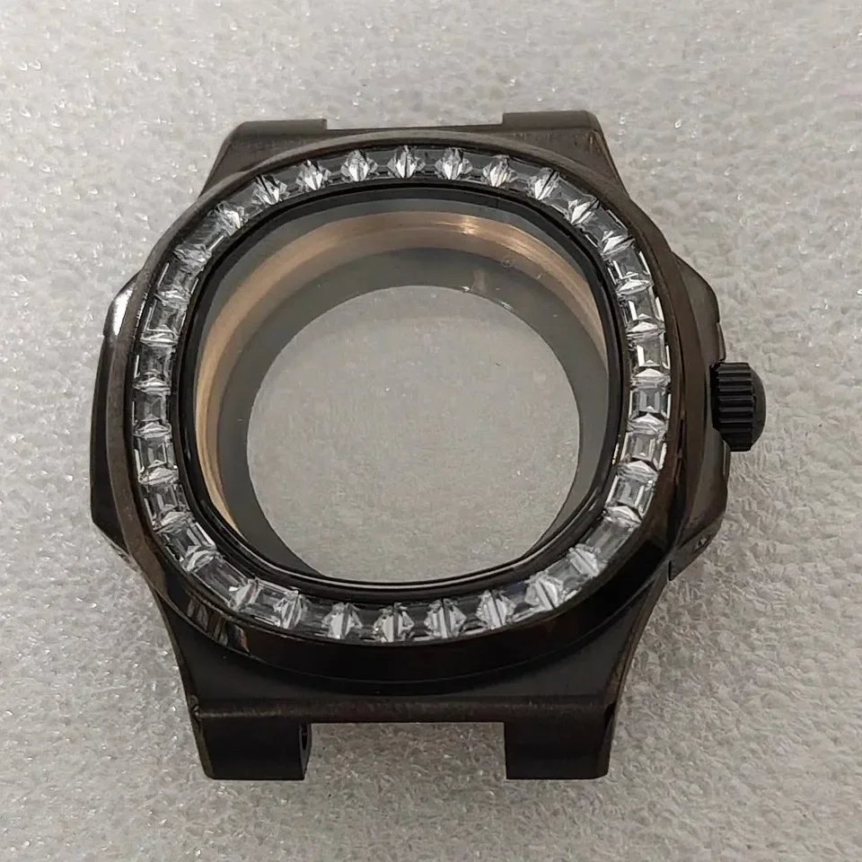 New Watch Accessories 41mm Case with Diamonds PP Nautilus Black Case + Strap with NH35 NH36 Movement for 30.5mm Dial