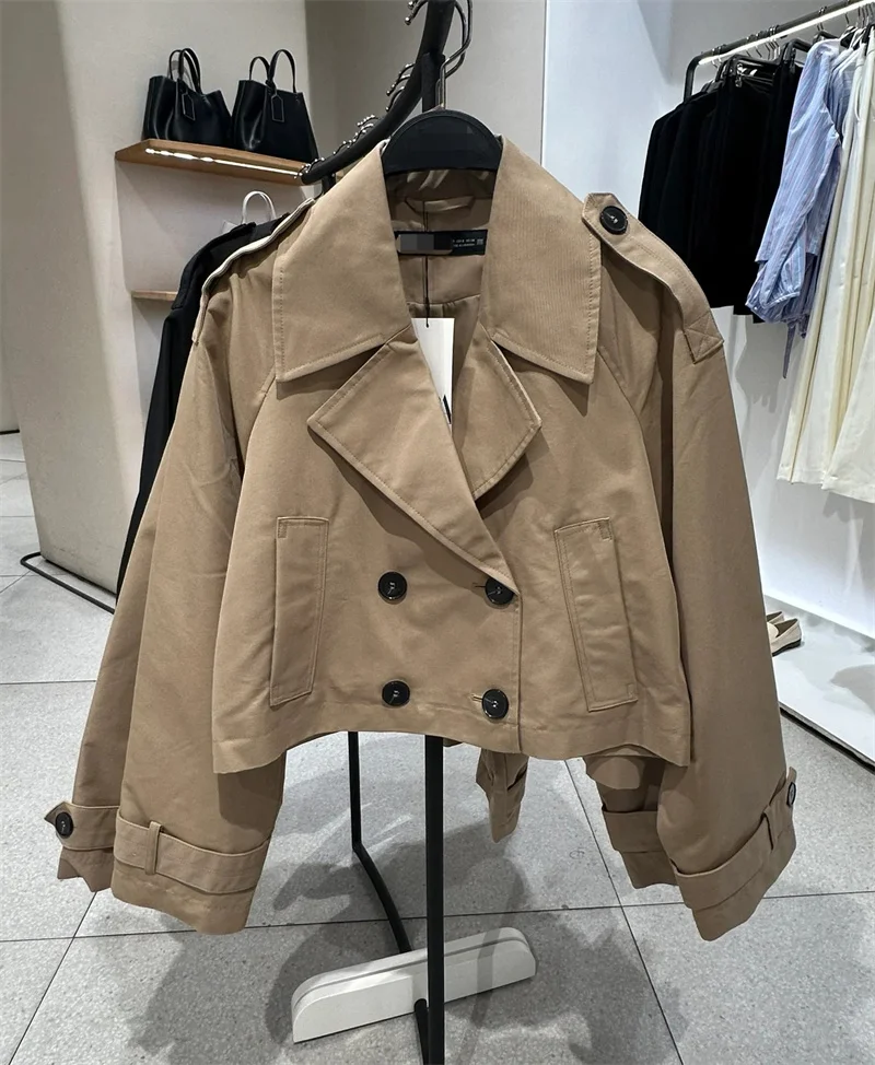 

Осень 2023, новый двубортный короткий плащ для женщин, повседневная свободная куртка с лацканами и длинными рукавами и карманами