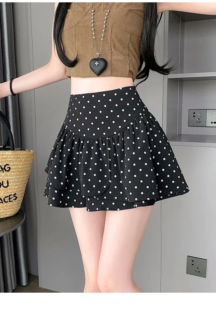 Koreanischer Stil Damen Polka Dot Minirock Hohe Taille Rüschen A-Linie Lässiger Pendler-Kurzrock mit Innenfutter – Detail 17