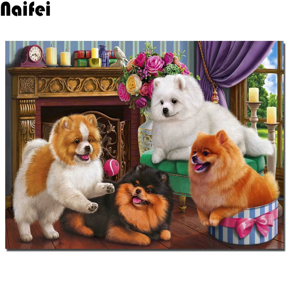 Kit Peinture Diamant 5D Chien Spitz - Broderie DIY Animaux, Point De Croix Strass Mosaïque 40x50cm