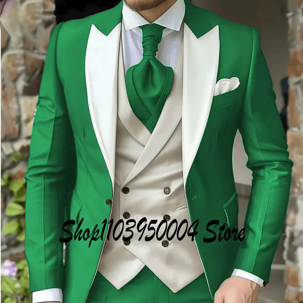 Classic Dark Green Wedding Suits For Men Custom Made 3 Piece Jacket Vest Pants Set Formal Groom Peaked Tuxedos Costume Homme