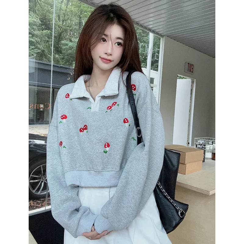 

Grey Retro Print American Cartoon Embroidery Sweatshirt New Apricot 2024 Spring Baggy Pullover Girls' Feeling Round Neck Tops