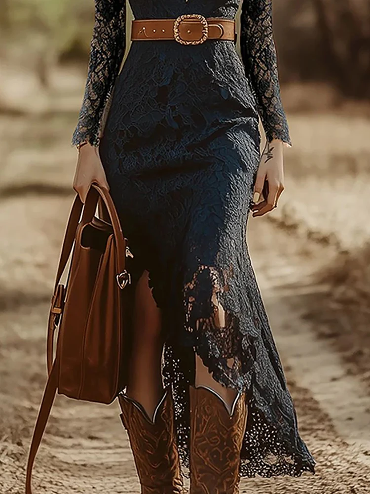 Vintage Boho Women Midi Dress Dark Blue Long Sleeve Lace V Neck Hollow Out Slim Autumn Dress Chic Irregular Western Long Dresses