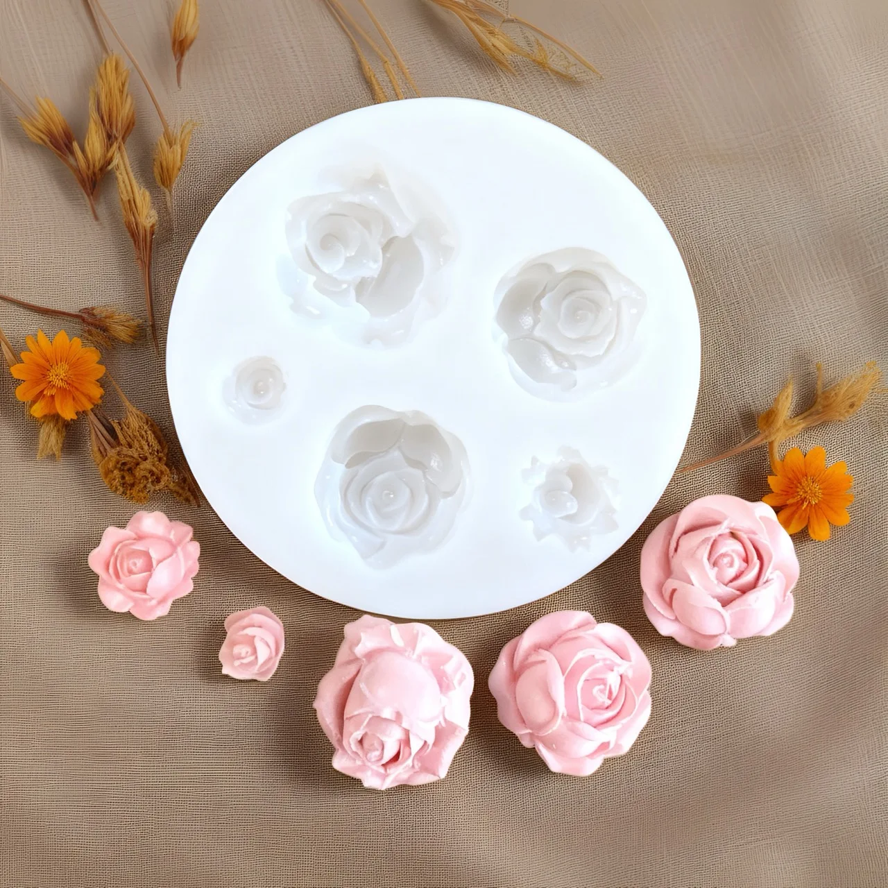 3D Rose Mold, with Five Holes, Five Different Shapes and Sizes of Roses, High Quality and Reusable, Suitable for Resin Crafts, Candles, Clay, Soap and Plaster Crafts, Perfect for Romantic Home Decoration Floral Design |   Durable and Multifunctional