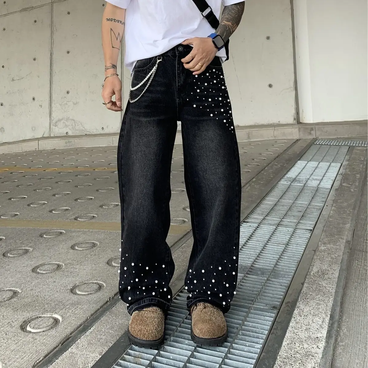 

2025 New American High Street Pearl Decorated Jeans Men Women Straight Leg Casual Long Pants Retro Washed mid Waist Drawstring