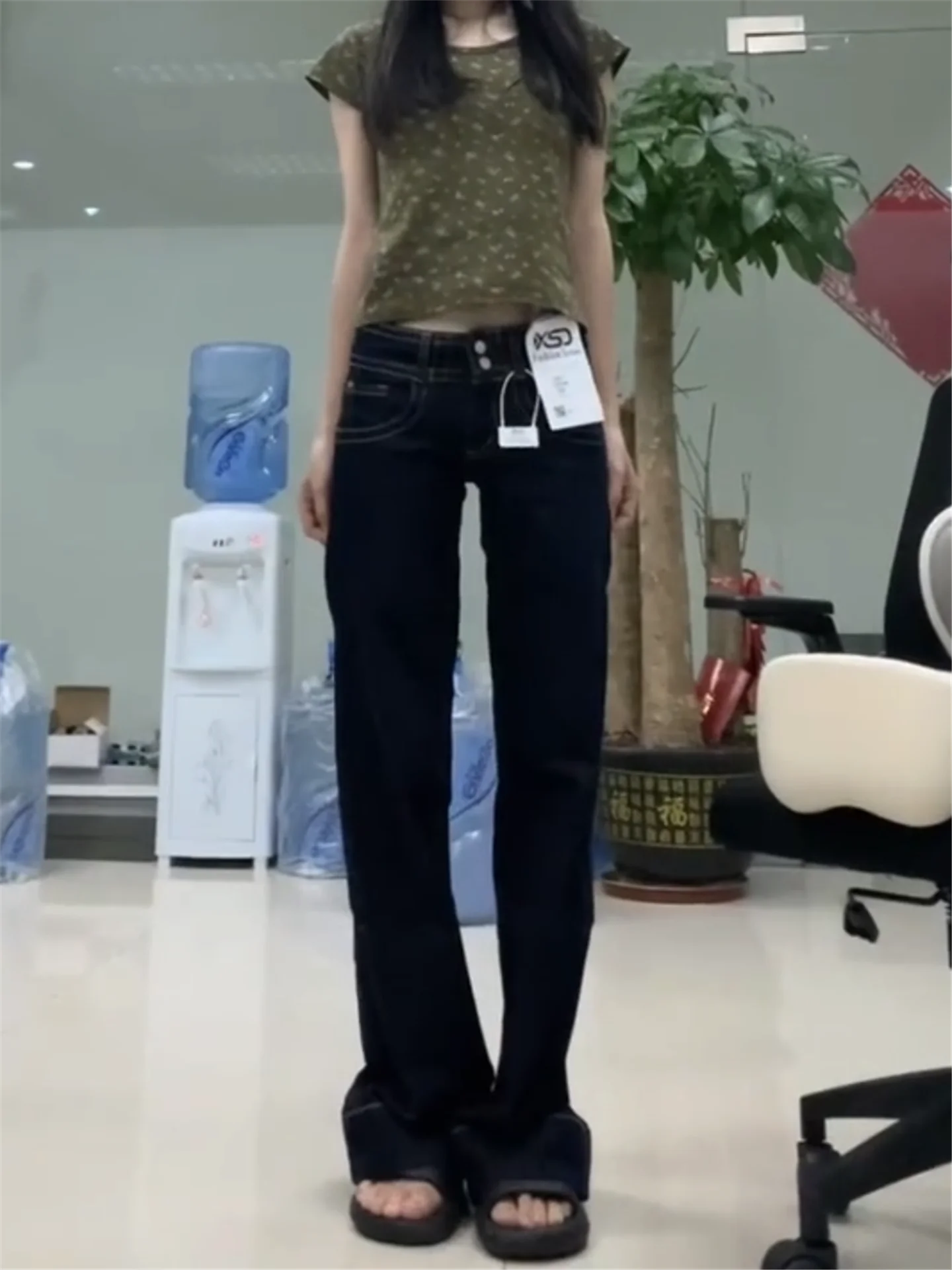 

Extended Length Low Waist Bell Bottom Denim Jeans Women Summer Loose Slimming Design Casual Deep Blue Cotton Stretch Jeans