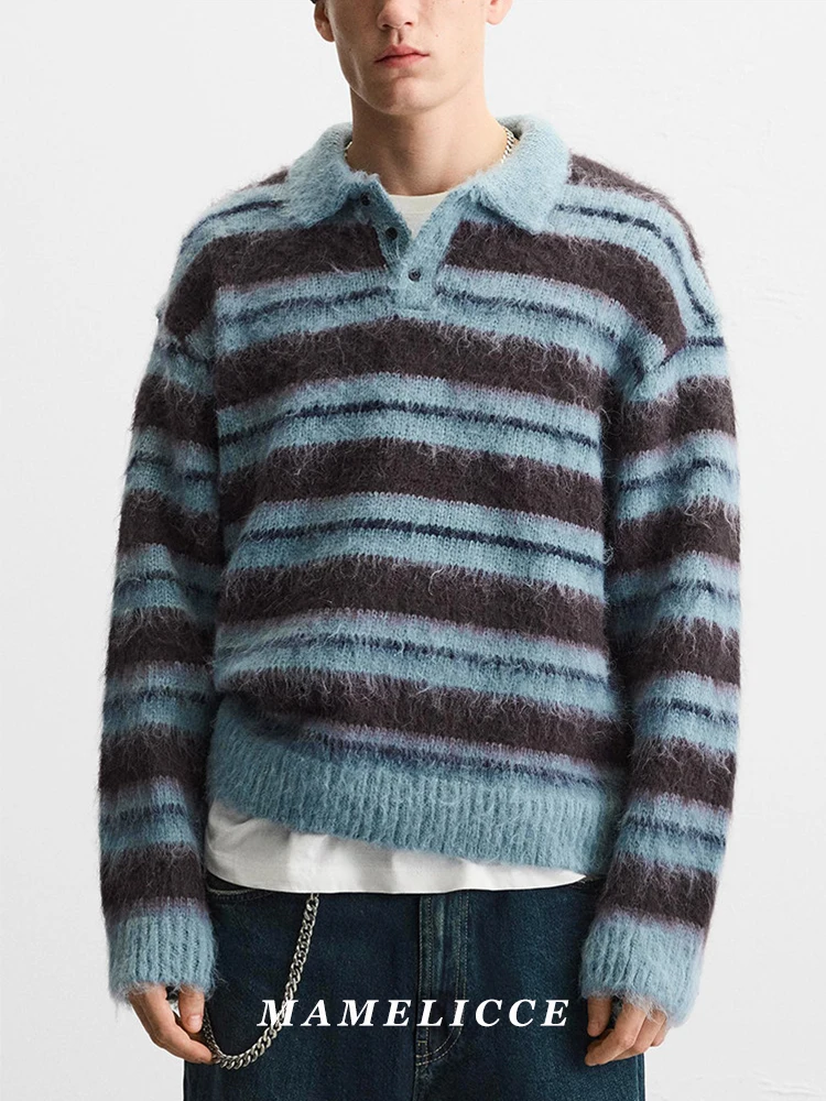MAMELICCE Original Pullover striped turn down collar Hooded Knitted Pullover sweatshirt jacket Casual Sweaters