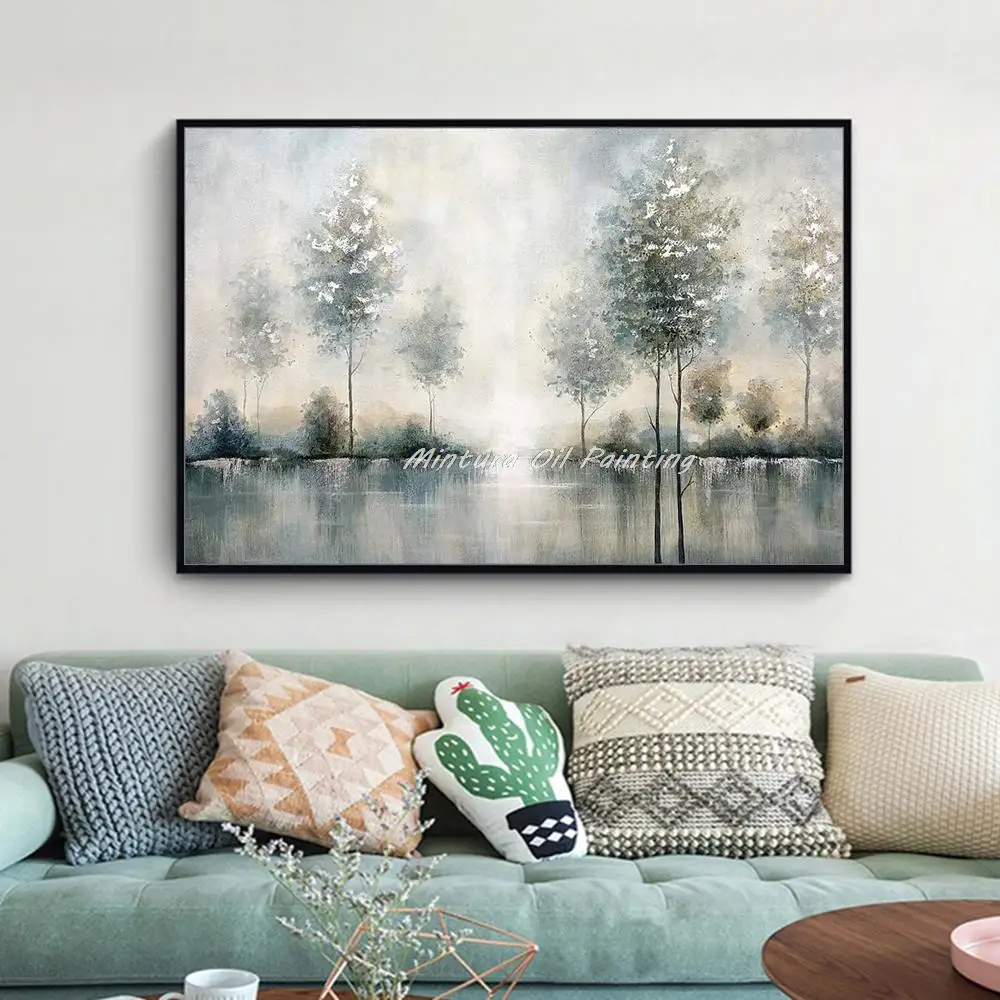 Handpainted Handmade Lush Wood Malachite Tree Lake Oil Paintings on Canvas,Modern Abstract Wall Hanging Art Live Room,Home Decor