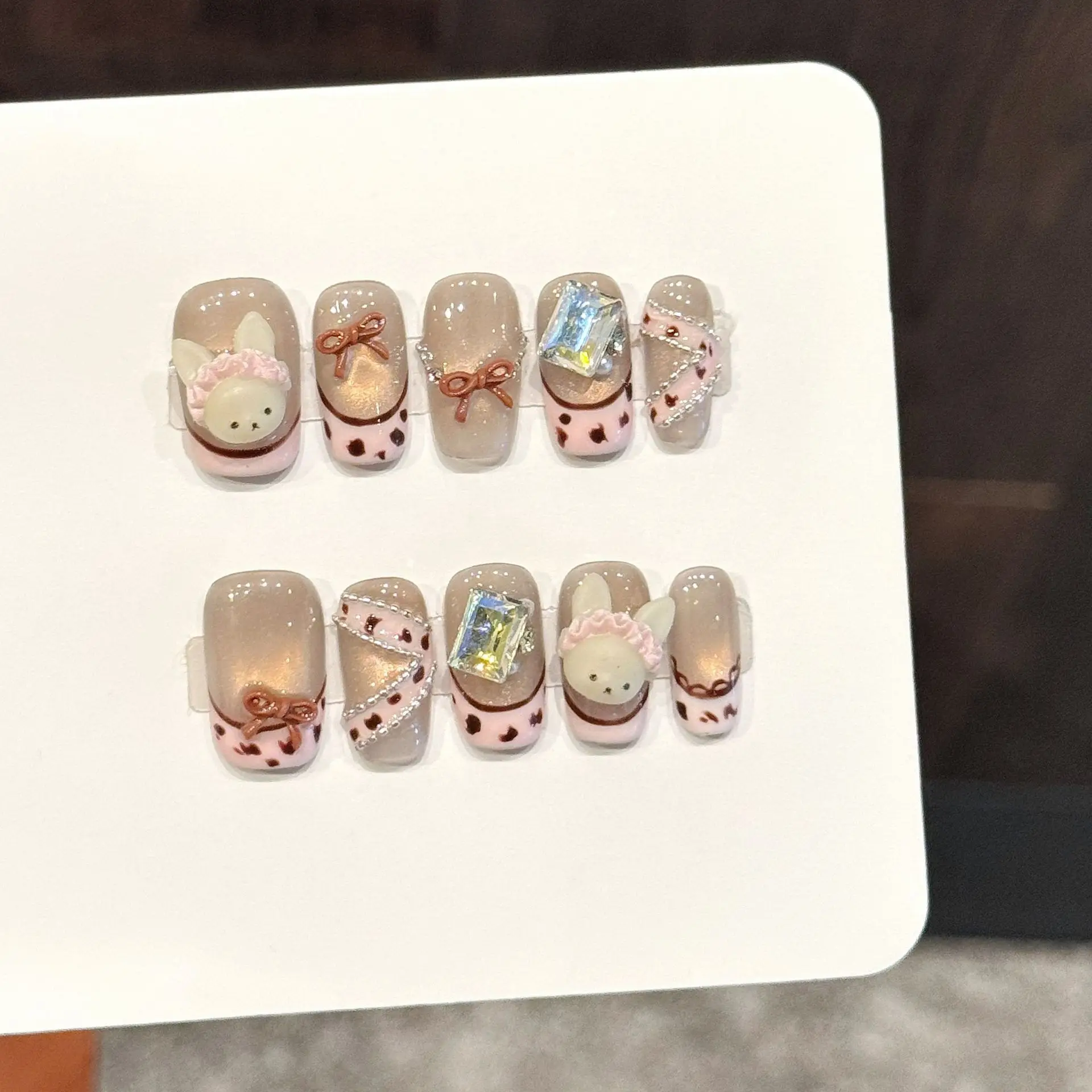 

10 PCS Luxury Handmade Press on Nails Short Ballet Cute rabbit Bowknot Design with 3-PIECE Tool Adhesive Nail Glue Tabs