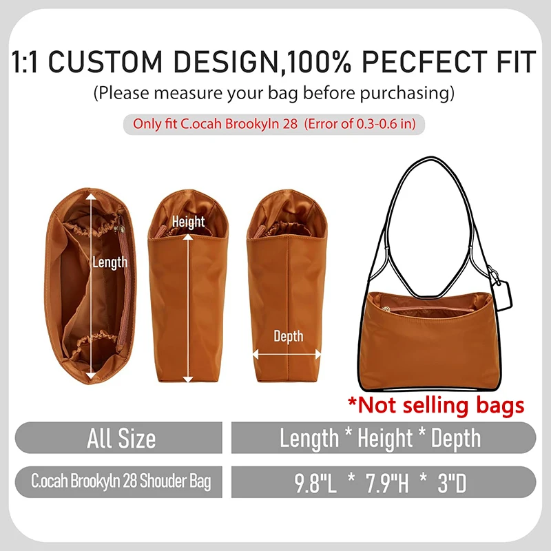 Lightweight Bag Insert Purse Organizer Inserts for Brooklyn 28 Insert Keeps shape orderly storage With Zipper and Bottle Holder
