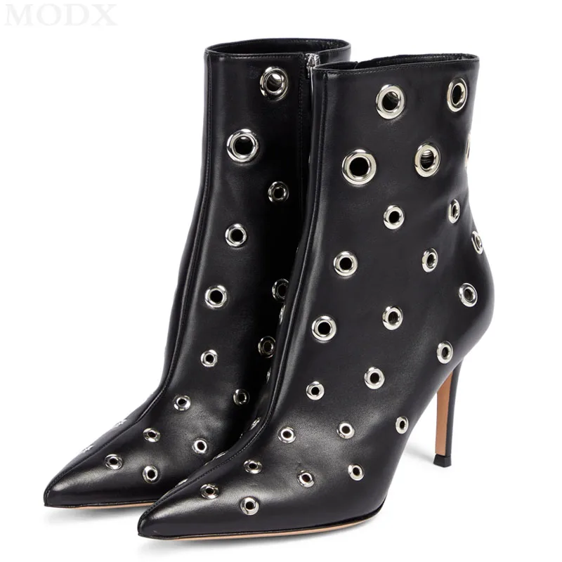 Eyelets Rivets Design Ankle Boots Pointed Toe Thin Heel Metal Hollow Women Boots Fashion Big Size Side Zip Shoe Zapatos De Mujer