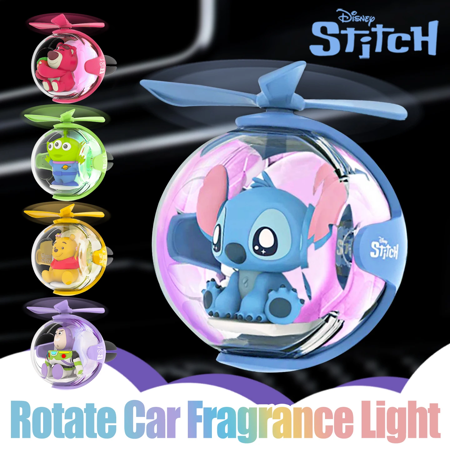 Diffuseur de parfum pour voiture Disney Stitch LED, hélicoptère rotatif, lumière d'ambiance, clip pour grille d'aération, accessoires de décoration, ornement.