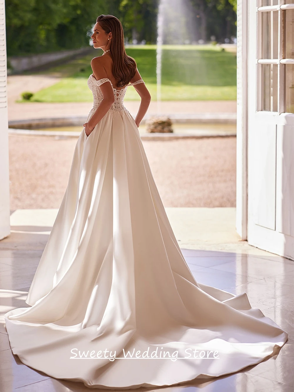 Customized Wedding Dress Modern Off The Shoulder Beading Sequined See Through Court Train A Line Satin Bridal Gown Bride