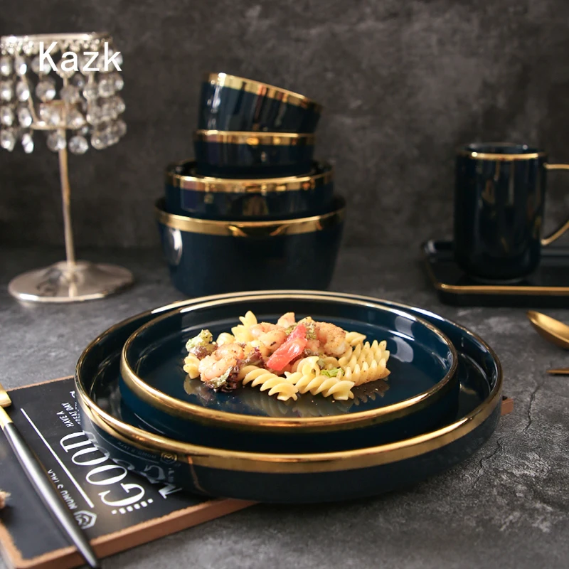 Nordic Golden Stroke Ceramic Plate Hotel Table Decoration Steak Black Dinner Plates Salad Dishes Western Cuisine Tableware Set