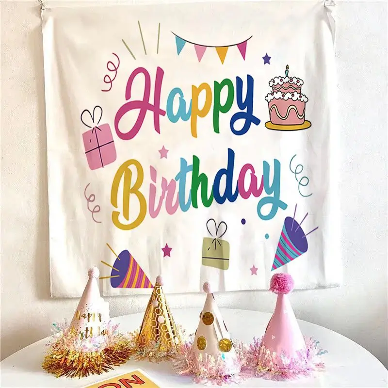 VIKAMA Morandi Abstract Cake Birthday Tapestry, Happy Birthday Aesthetic Wall Hanging for Bedroom Living Room Decor